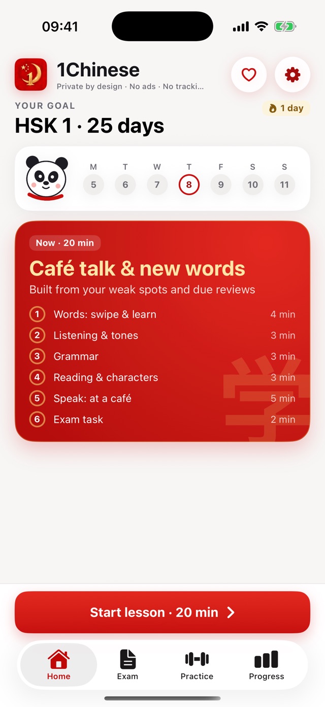 1Chinese daily study plan on iPhone with a panda, vocabulary, listening, grammar and a café conversation