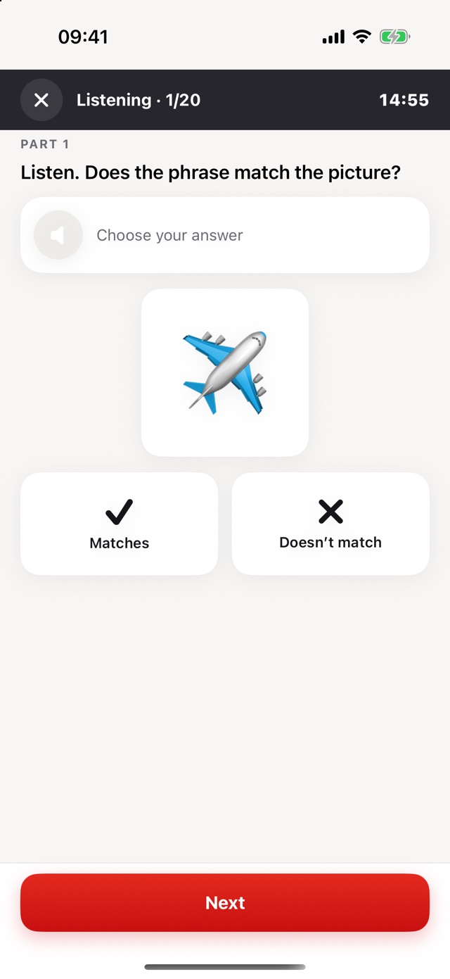 HSK 1 listening mock on iPhone: a timed picture-matching question with an airplane and two answer buttons