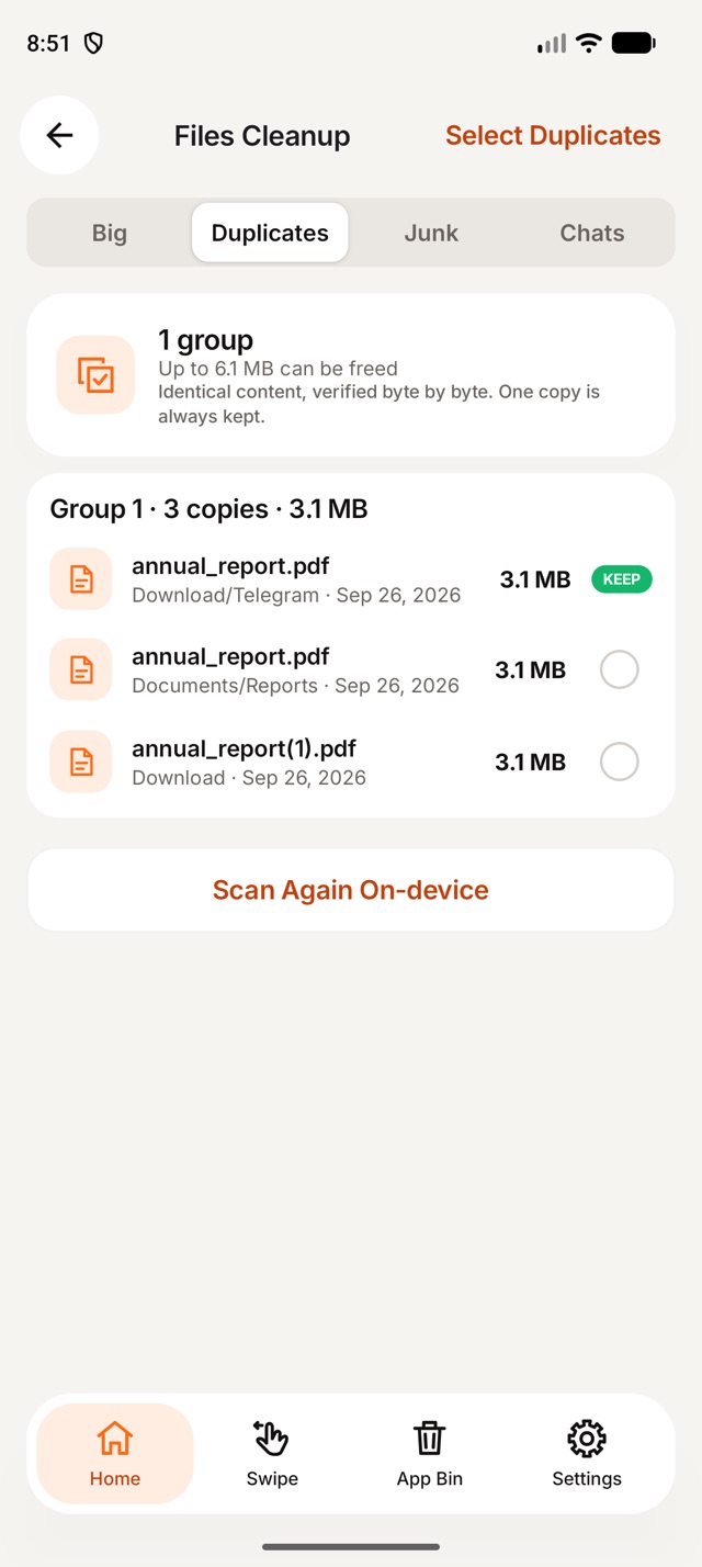 Duplicate files grouped in 1Cleaner for Android with the oldest copy kept