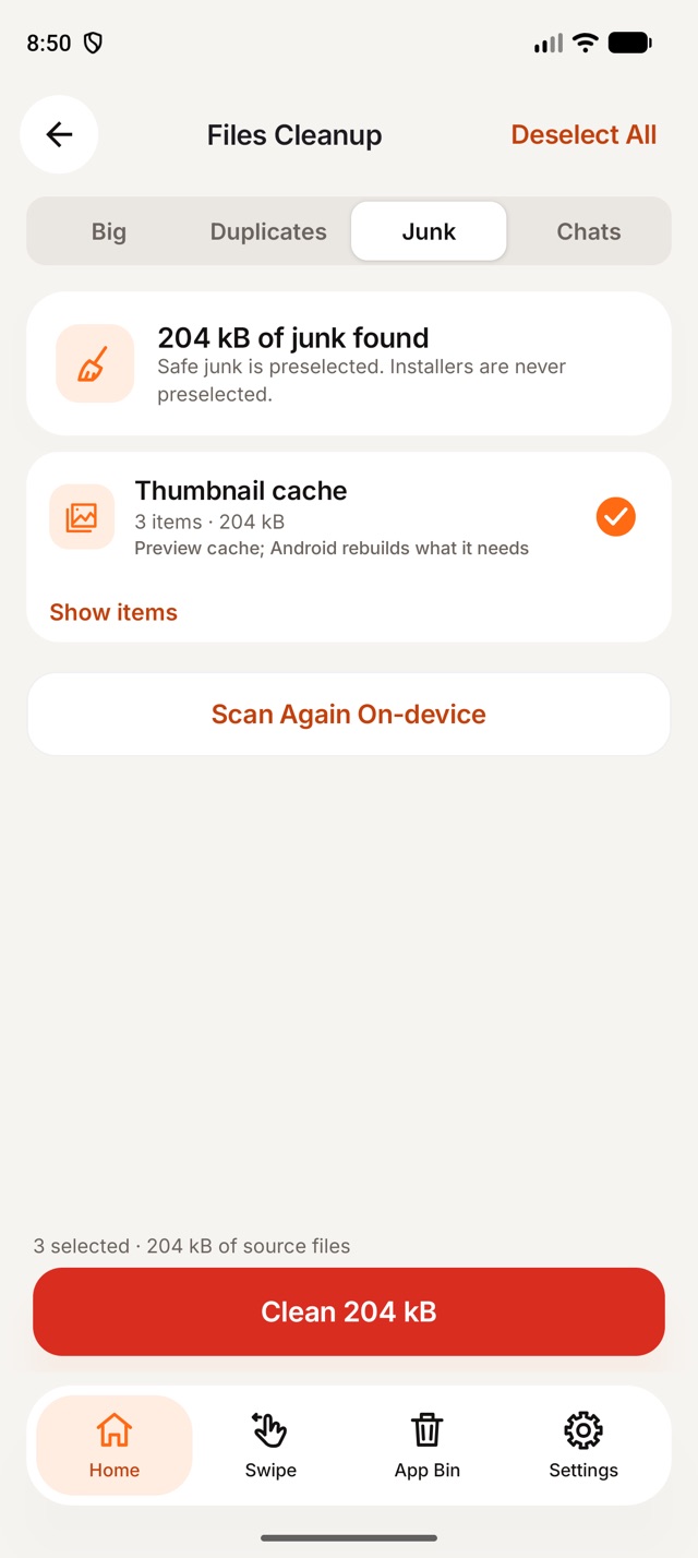 Junk tab in 1Cleaner for Android with thumbnail cache preselected