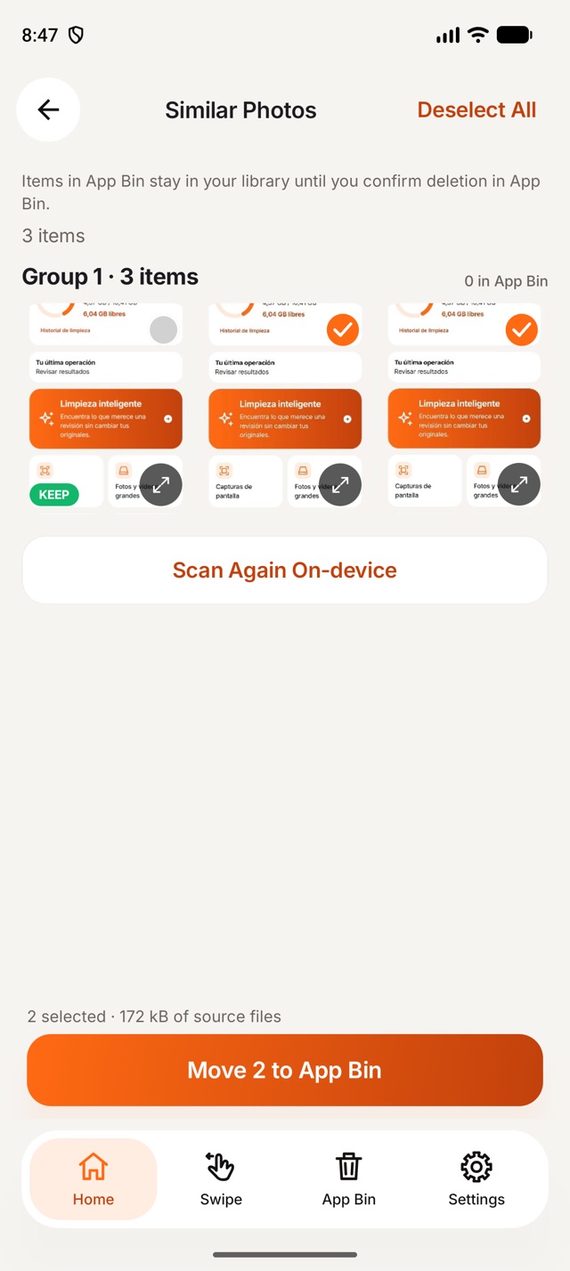 A group of similar photos in 1Cleaner for Android with the best shot kept
