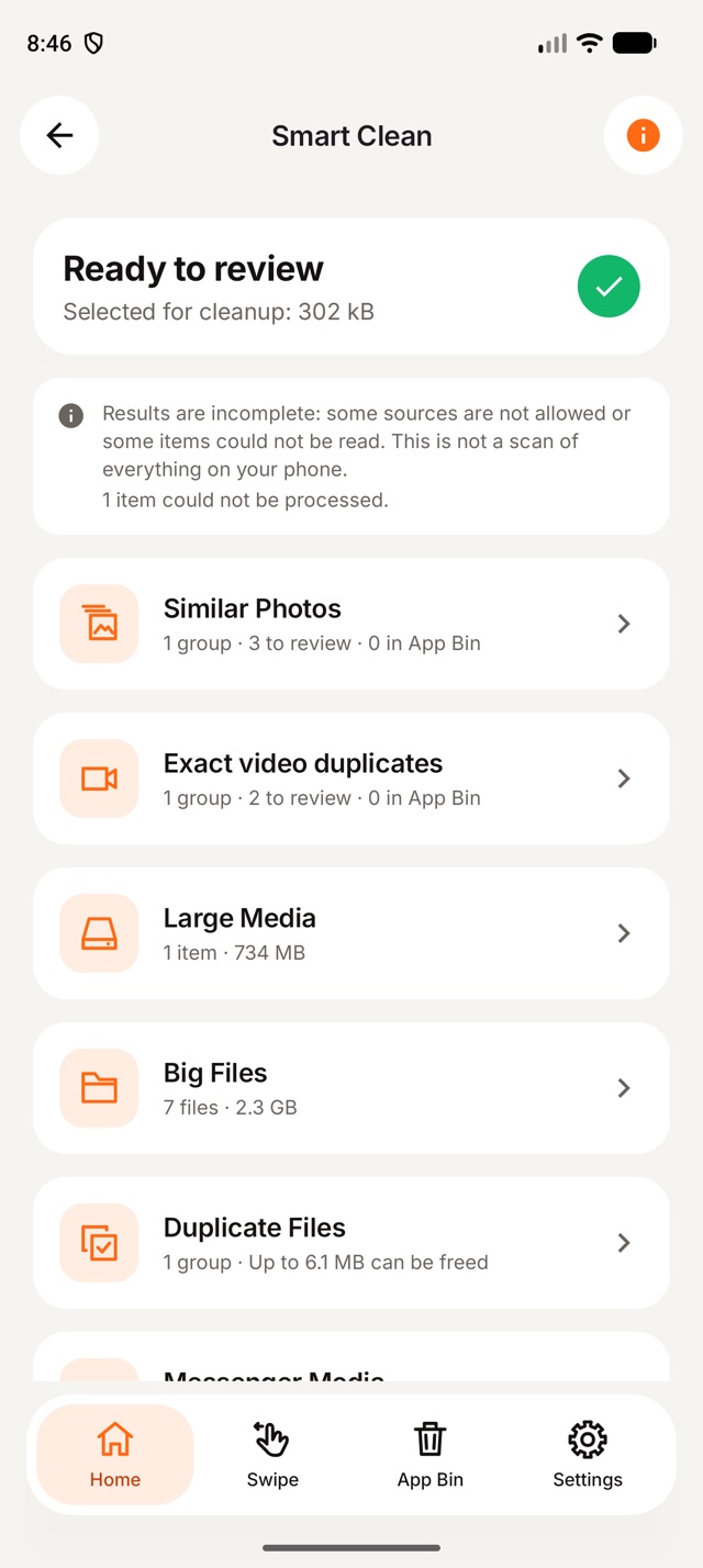 Smart Clean results on Android: similar photos, exact video duplicates, large media, big files and duplicate files