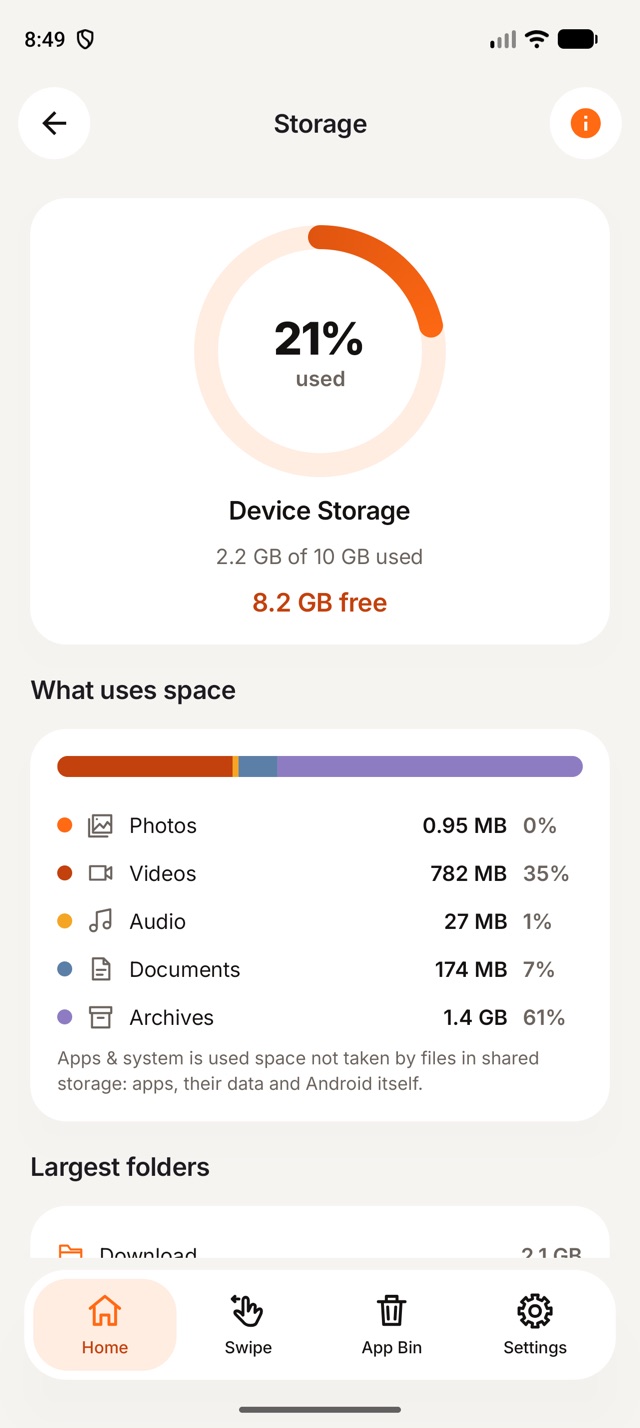 Storage details in 1Cleaner for Android: space used by photos, videos, audio, documents and archives