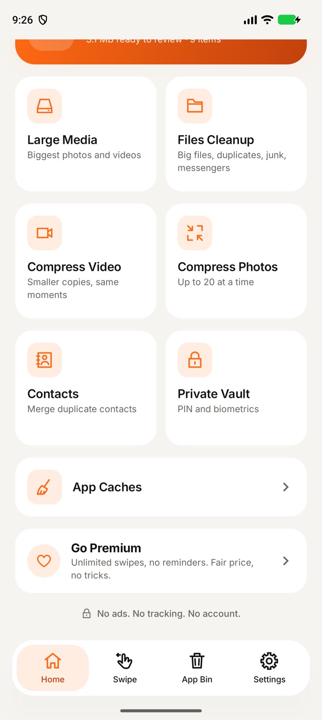 1Cleaner 1.0.1g Home tools with the App Caches row, in English