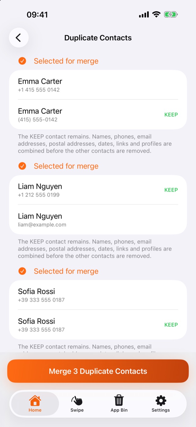 Duplicate contacts grouped for merge in 1Cleaner