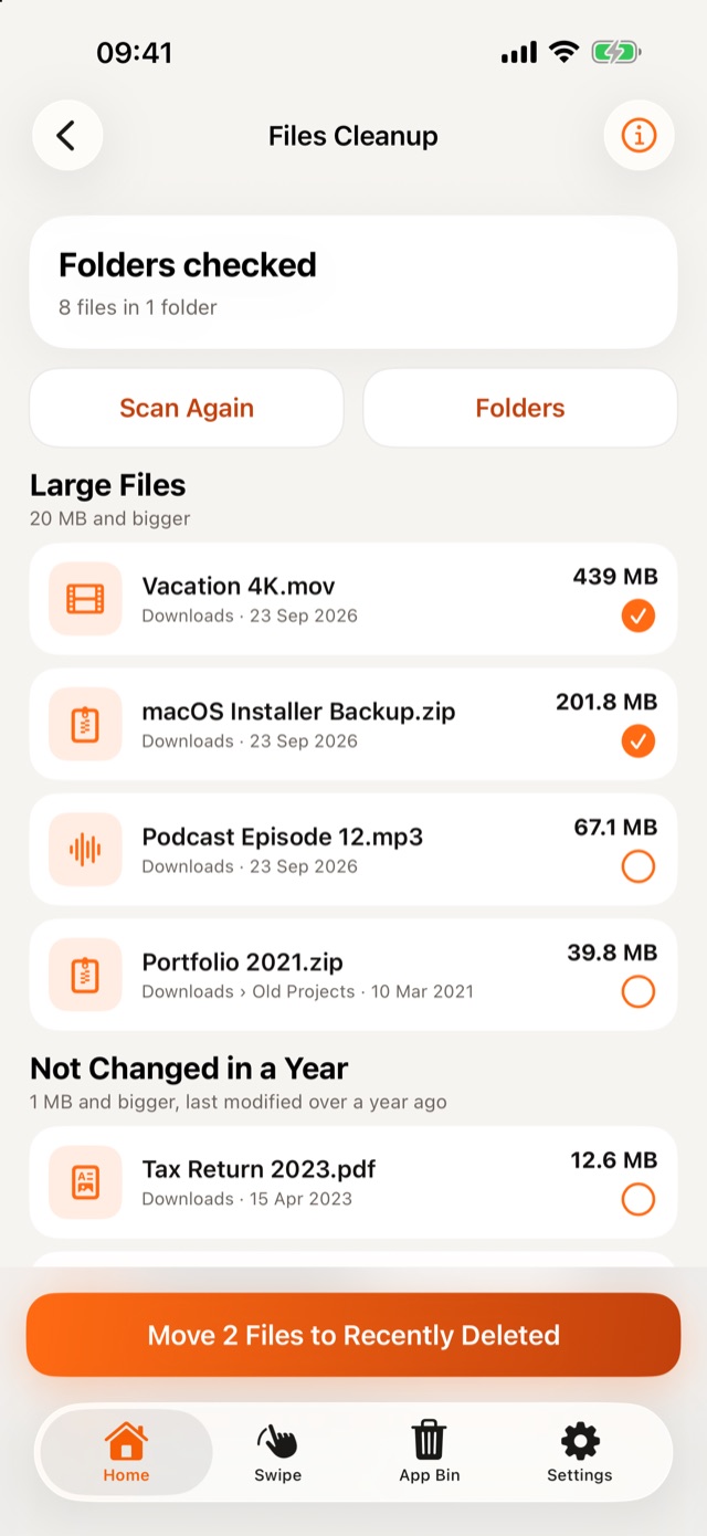 Files Cleanup listing large files and files not changed in a year in Downloads