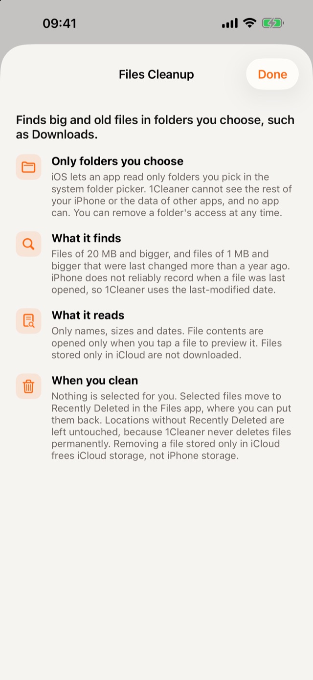 The (i) screen explains how Files Cleanup works