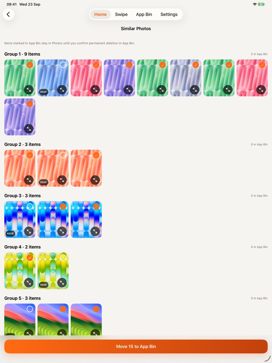 1Cleaner on iPad showing groups of similar photos