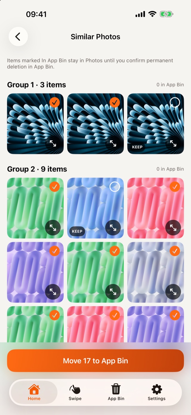 Similar photos grouped by 1Cleaner, with a suggested photo marked Keep