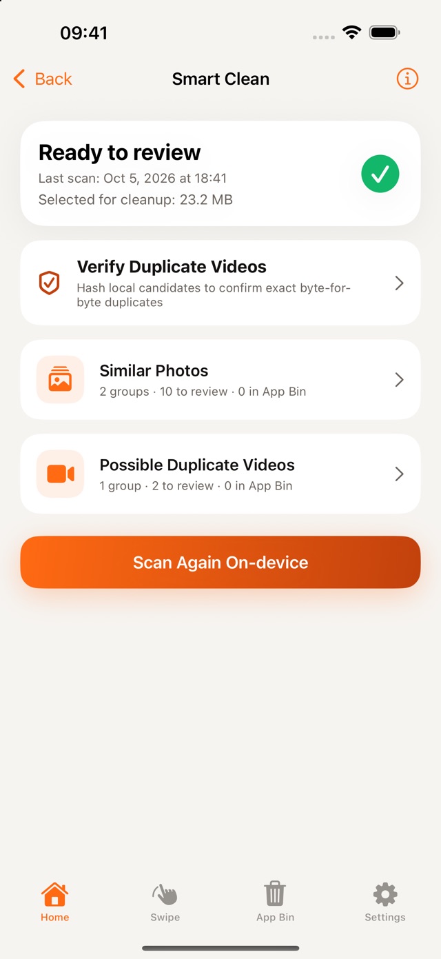 Saved Smart Clean result and scan date, with similar photos and possible duplicate videos