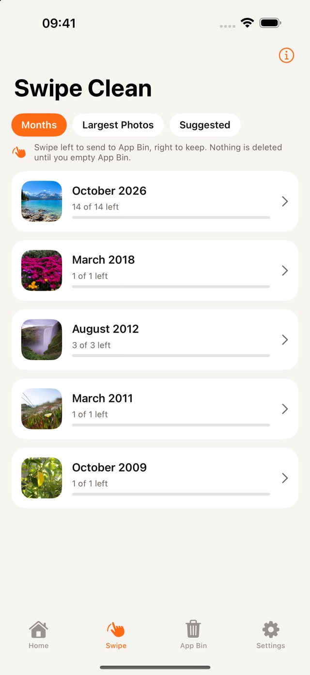 Swipe Clean collections in 1Cleaner: Months, Largest Photos and Suggested