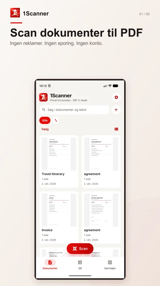 Dokumentbibliotek og mapper i den danske Android-version af 1Scanner