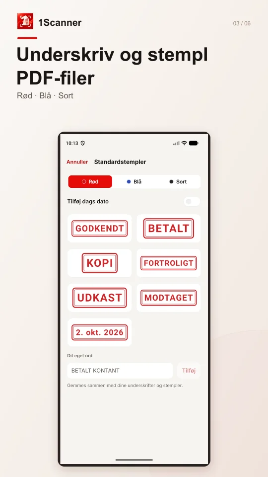 Et færdigt stempel på en PDF i 1Scanner til Android