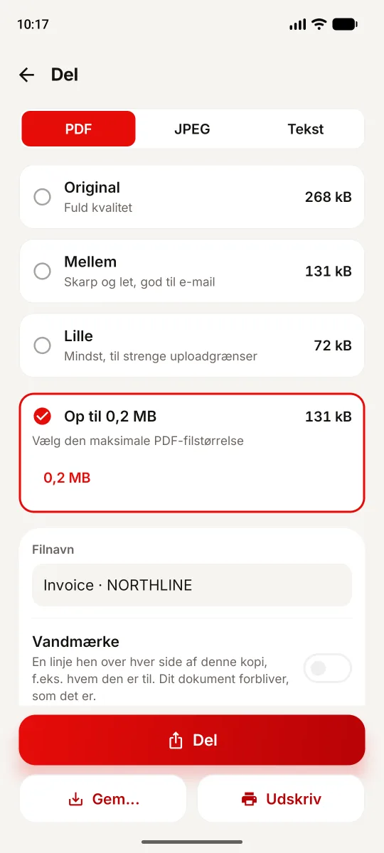 1Scanner til Android: Op til 0,2 MB er valgt, originalen er 268 kB, og resultatet er 131 kB