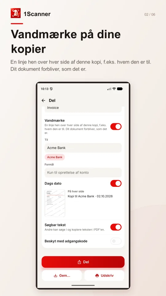 Forhåndsvisning af vandmærke med modtager og formål på en dokumentkopi