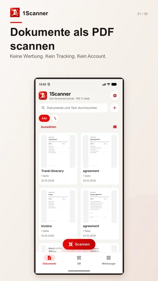 Dokumentenbibliothek von 1Scanner für Android mit Ordnern und Scanseiten