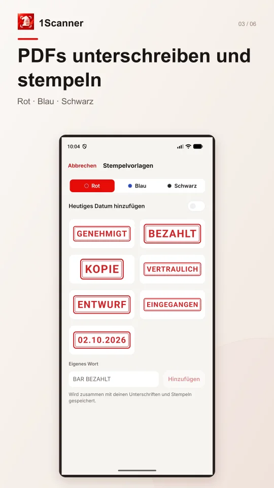Ein fertiger Stempel auf einem PDF in 1Scanner für Android