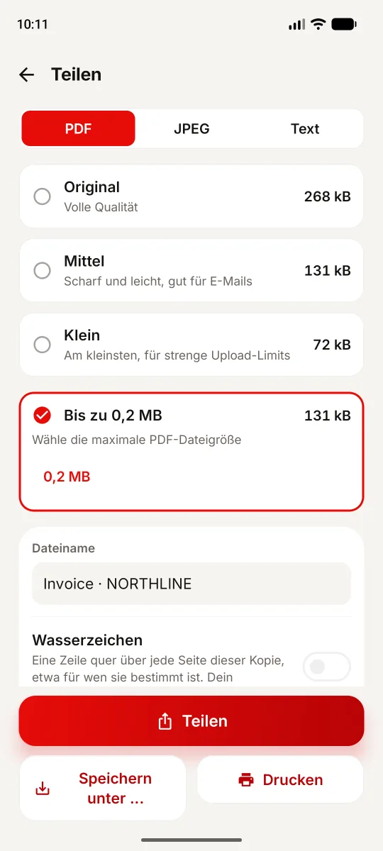 1Scanner für Android: Bis zu 0,2 MB ausgewählt, tatsächliche PDF-Größe 131 kB