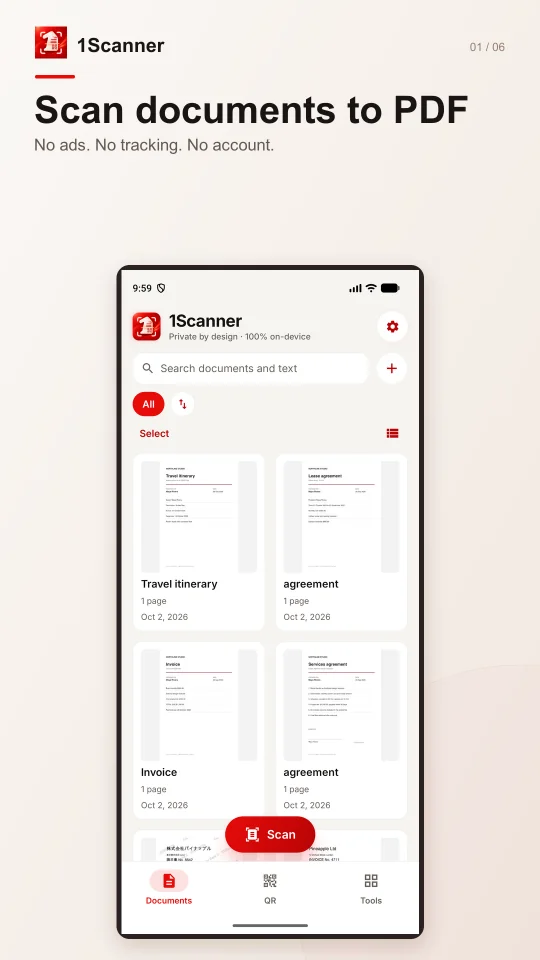 1Scanner Android document library with folders and scanned pages