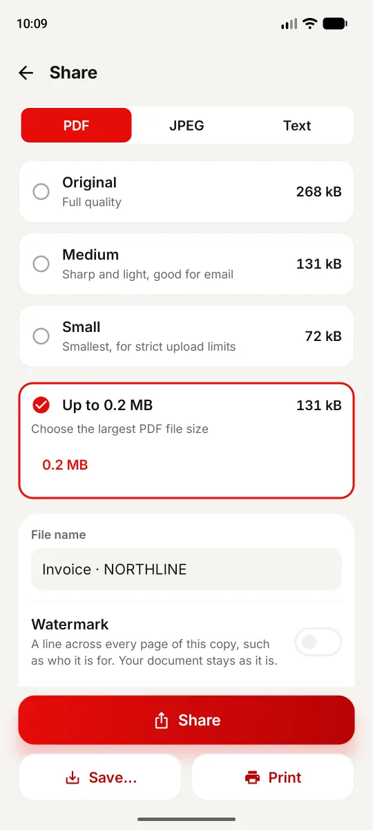 1Scanner Android Share screen with a 0.2 MB PDF limit and a measured 131 kB result