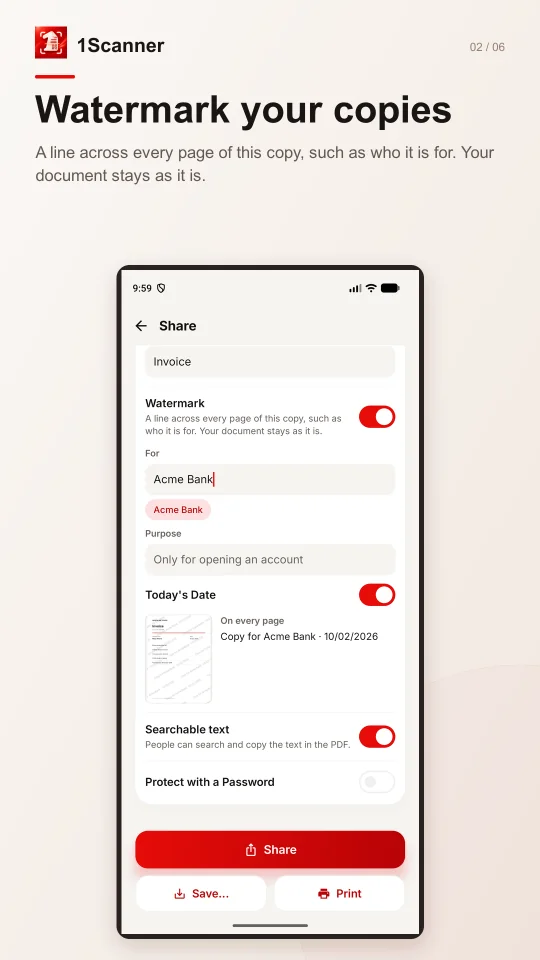 Android watermark preview with recipient and purpose on a document copy