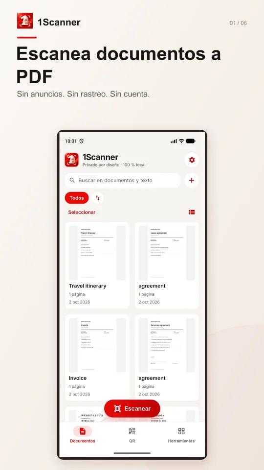 Biblioteca de documentos de 1Scanner para Android con carpetas y páginas escaneadas