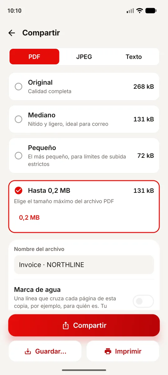 Compartir PDF en Android: límite de 0,2 MB, original de 268 kB y resultado medido de 131 kB