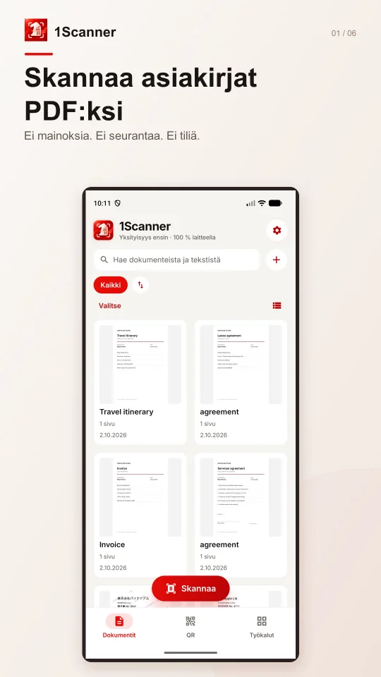 Asiakirjakirjasto ja kansiot 1Scannerin suomenkielisessä Android-versiossa
