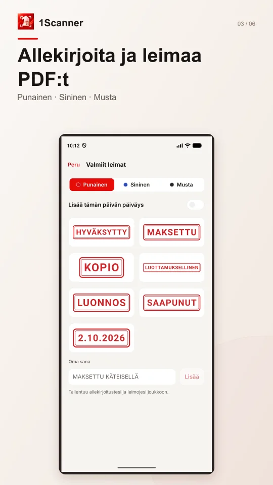 Valmis leima PDF-tiedostossa Androidin 1Scannerissa