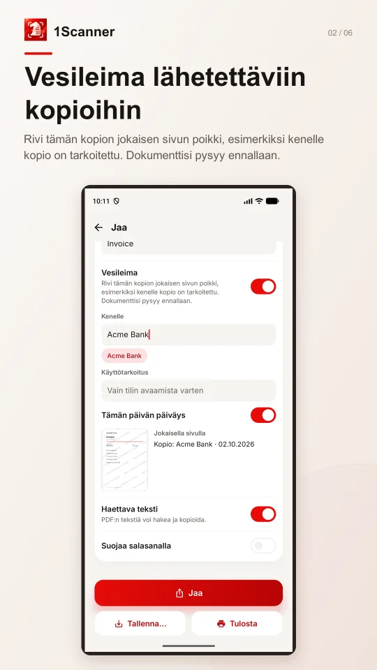 Asiakirjakopion vesileiman esikatselu: vastaanottaja ja käyttötarkoitus