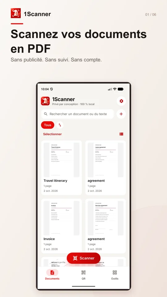 Bibliothèque 1Scanner pour Android avec dossiers et pages numérisées