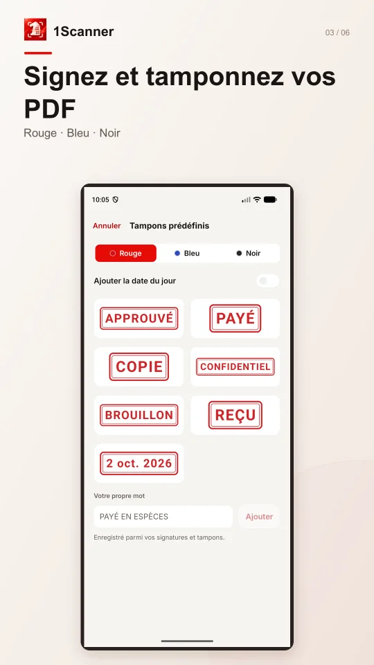 Tampon prédéfini placé sur un PDF dans 1Scanner pour Android