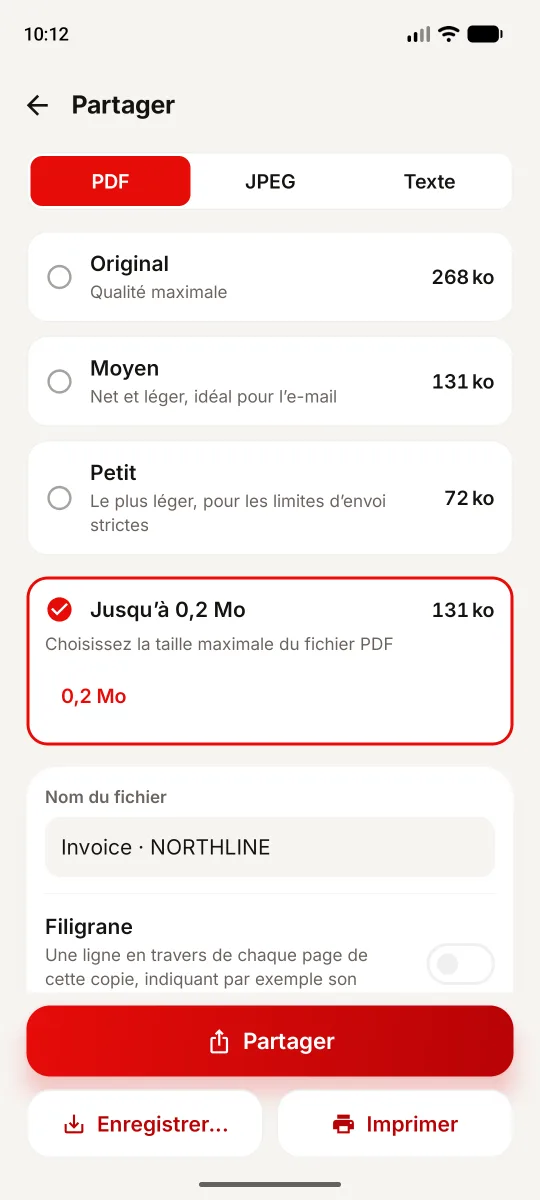 Écran Partager de 1Scanner : limite de 0,2 Mo, fichier original de 268 ko et résultat mesuré de 131 ko