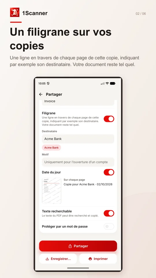 Aperçu d’une copie avec filigrane indiquant le destinataire et l’usage prévu