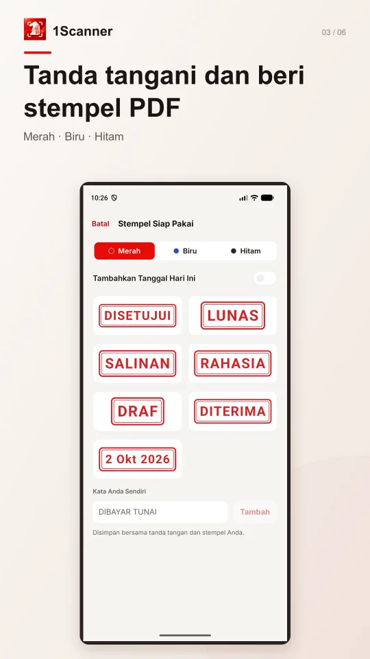 Stempel siap pakai pada PDF di 1Scanner Android