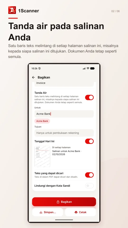 Pratinjau watermark penerima dan tujuan pada salinan dokumen Android