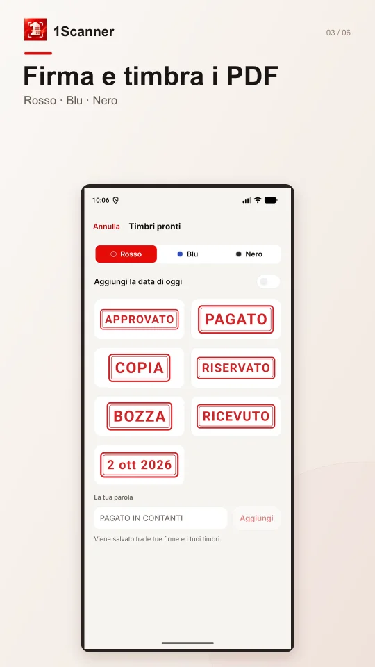 Timbro predefinito applicato a un PDF in 1Scanner per Android