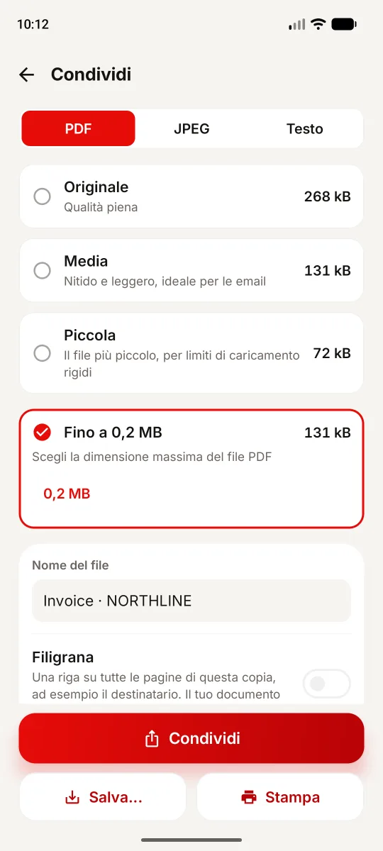 Schermata Condividi Android: limite 0,2 MB, originale 268 kB e risultato misurato 131 kB