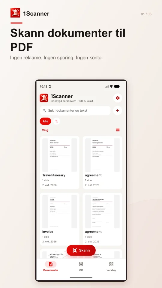 Dokumentbibliotek og mapper i den norske Android-versjonen av 1Scanner