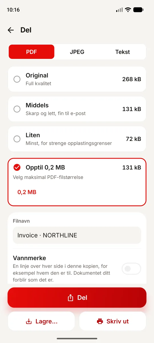1Scanner på Android med grensen 0,2 MB: original 268 kB og målt PDF på 131 kB