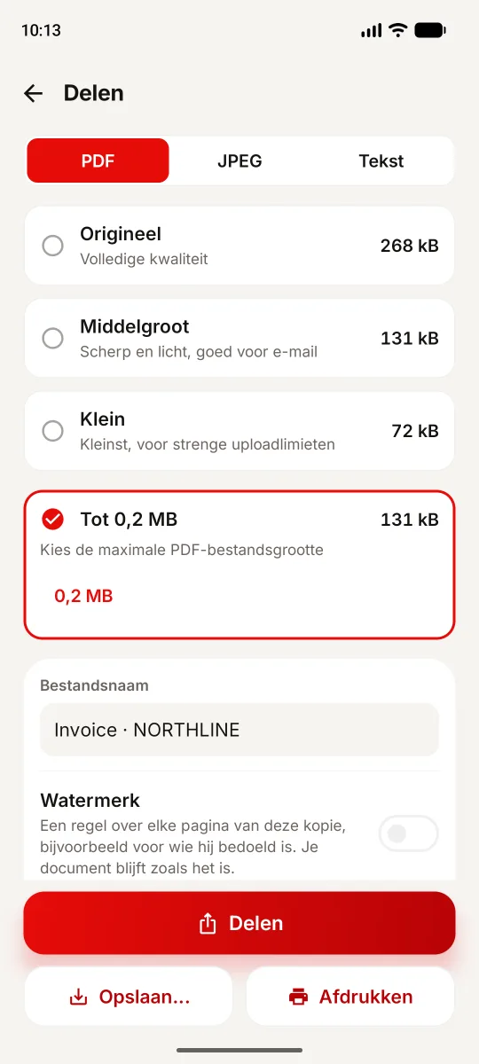 Delen op Android met Tot 0,2 MB geselecteerd: origineel 268 kB, gemeten pdf 131 kB