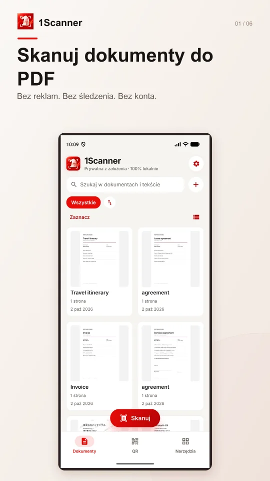 Biblioteka dokumentów i folderów w polskiej wersji 1Scanner na Androida