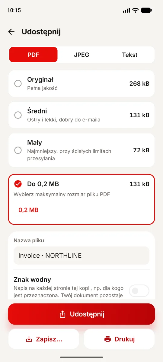 Polski ekran Udostępnij w 1Scanner na Androida: limit 0,2 MB, oryginał 268 kB i wynik 131 kB