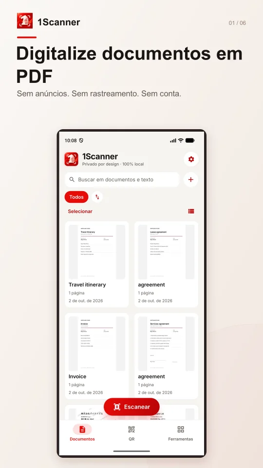 Biblioteca do 1Scanner para Android com pastas e páginas digitalizadas