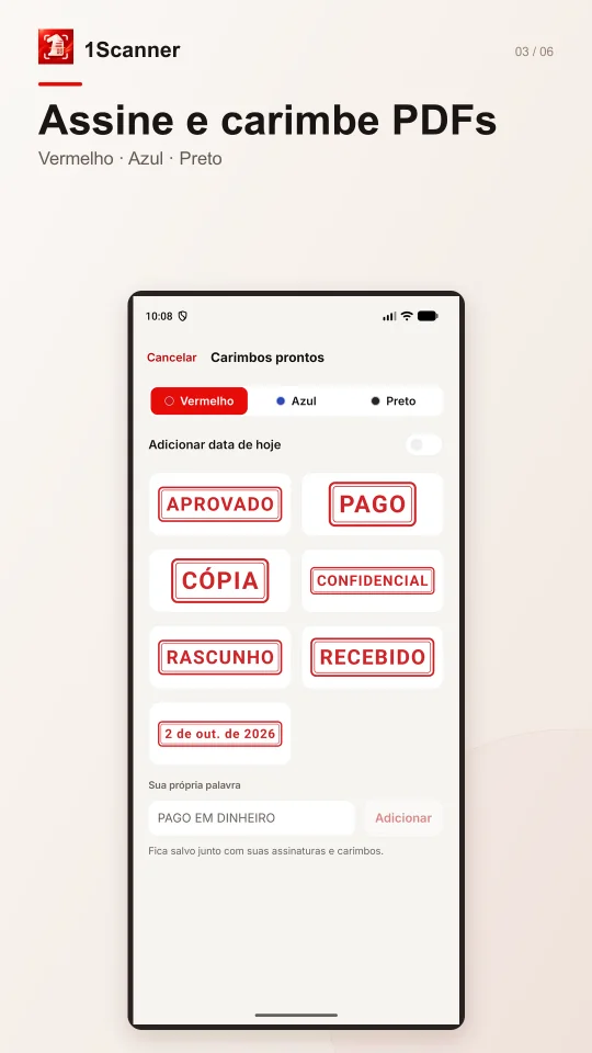 Carimbo pronto aplicado a um PDF no 1Scanner para Android