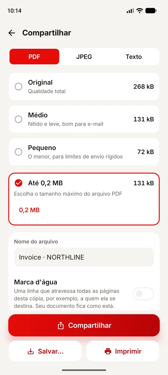 Tela Compartilhar do Android: limite de 0,2 MB, original de 268 kB e resultado medido de 131 kB
