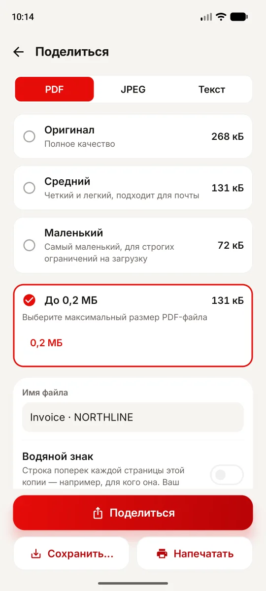 Экран «Поделиться» в 1Scanner: выбран предел 0,2 МБ, измеренный PDF — 131 кБ