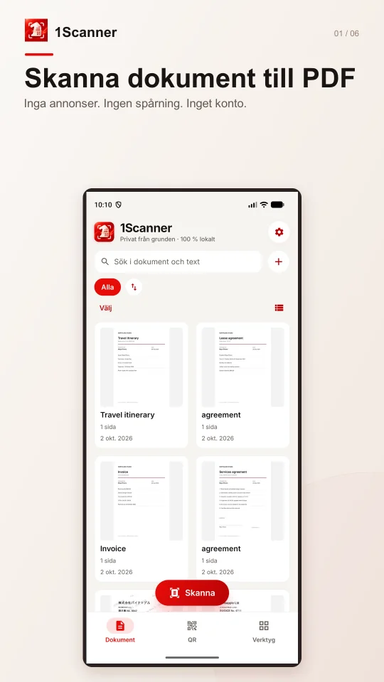 Dokumentbibliotek och mappar i den svenska Android-versionen av 1Scanner