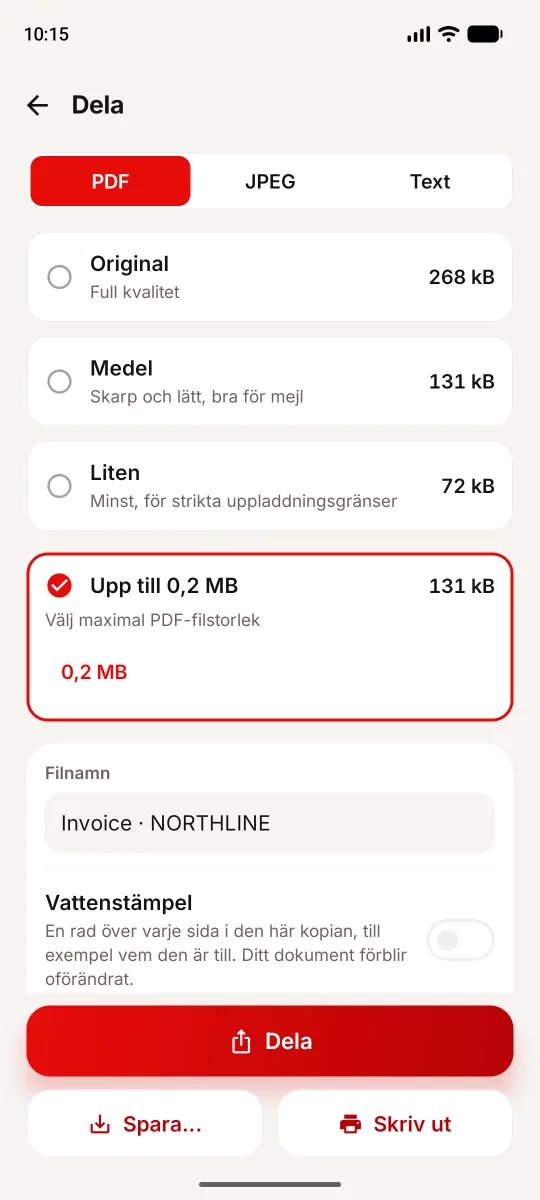 1Scanner på Android: gränsen 0,2 MB vald, original 268 kB och uppmätt PDF 131 kB