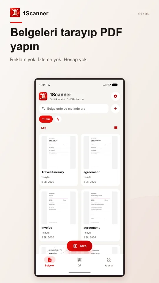 1Scanner’ın Türkçe Android sürümünde belge kitaplığı ve klasörler